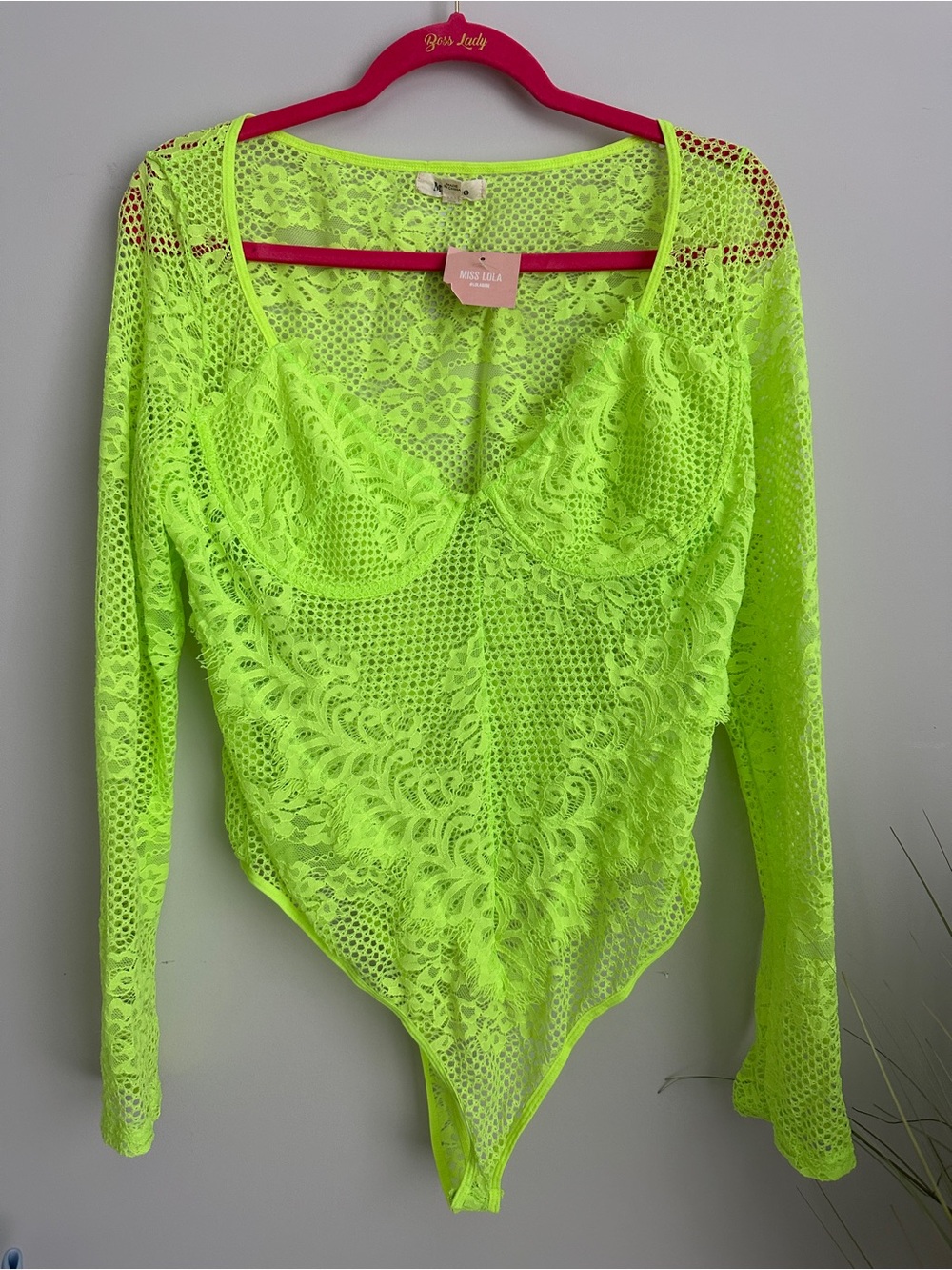 JustFab Neon Lime Lace Long Sleeve Bodysuit